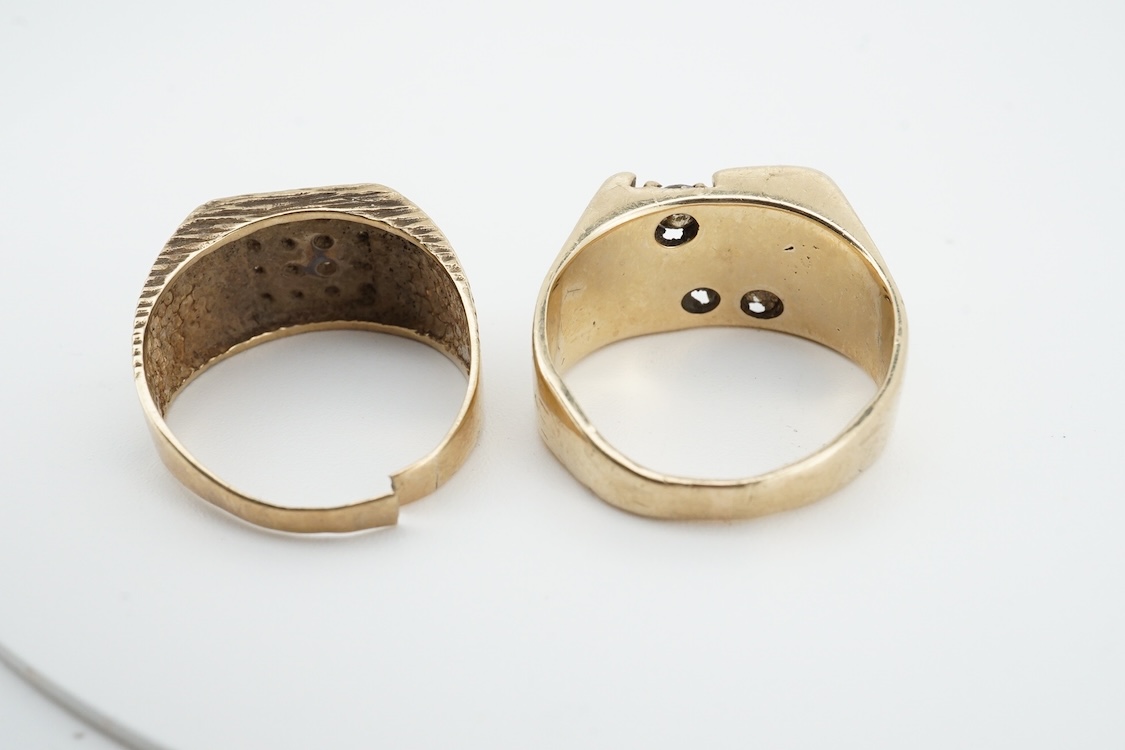 A 10k and two stone diamond set ring, size R/S, together with a damaged 9k and diamond cluster set signet ring, gross weight 13.5 grams.